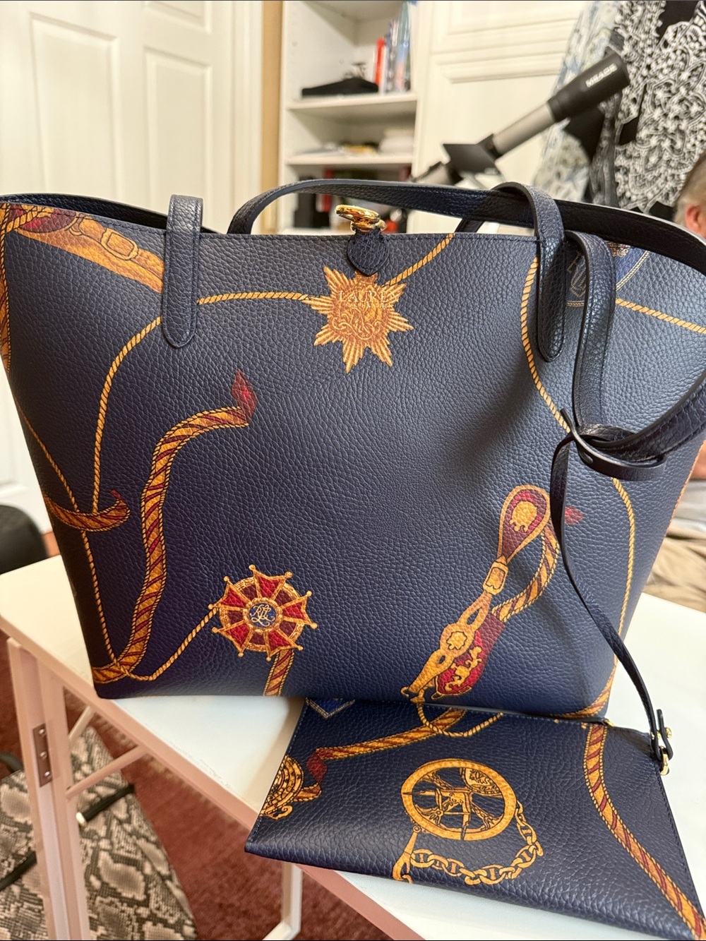 Lauren Ralph Lauren 16x10” navy nautical tote 16” x 10”.   Cosmetic bag. NWOT - Picture 3 of 9